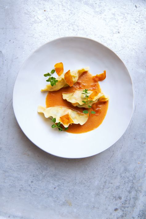 Langoustine and samphire ravioli with… | Food and Travel Magazine Ravioli Plating Presentation, Ravioli Presentation, Fancy Ravioli, Langoustine Recipe, Ravioli Plating, Michelin Star Food Plating, Michelin Star Food, Seafood Bisque, Ravioli Recipe