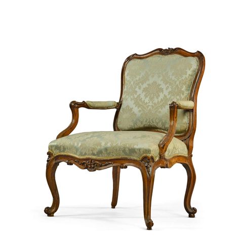 A pair of Louis XV carved walnut fauteuils en cabriolet, circa 1760 | Royal & Noble | 2023 | Sotheby's Fairy Home, Floral Upholstery, Walnut, Upholstery, Im Not Perfect, Blue And White, Carving