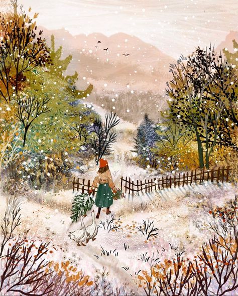 Raindrops And Roses, Winter Illustration, Fairytale Illustration, Winter Painting, Landscape Illustration, Naive Art, Winter Art, Noel Christmas, Christmas Illustration