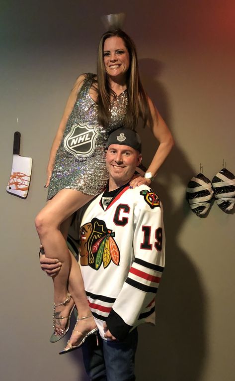 Stanley cup and hockey player.  Halloween.  Couples costumes. Stanley Costume, Couple Halloween Costumes Hockey, Couple Halloween Costumes Stanley Cup, Stanley Cup Halloween Costume, Stanley Cup And Hockey Player Costume, Sporty Halloween Costumes, Stanley Cup Costume, Hockey Halloween Costume, Hockey Player Costume