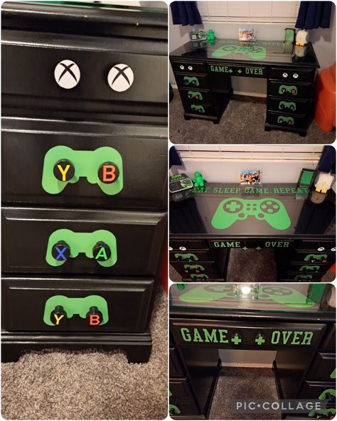 Boys Gaming Bedroom Ideas Diy, Gaming Dresser Ideas, Boy Room Themes Kids, Xbox Game Room Ideas, Gaming Dresser, Boys Gamer Room Bedroom Ideas, Xbox Themed Bedroom, Boys Bedroom Gamer Theme, Desk To Put Xbox