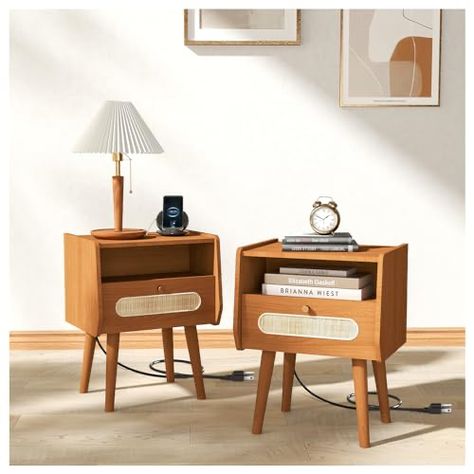 Night Stand Aesthetic, Retro Nightstand, Mid Century Modern Bedside Table, Mid Century Modern Apartment, Rattan Nightstand, Mid Century Modern Nightstand, Nightstand With Charging Station, Nightstand Set Of 2, Rattan Side Table