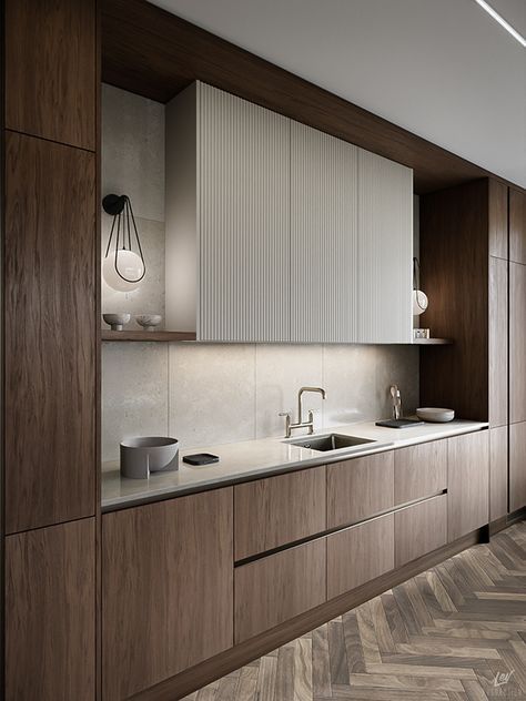 Brown Kitchen Inspiration, Modern Walnut Kitchen, Brown Kitchen Ideas, Walnut Kitchen Cabinets, Grey Modern Kitchen, Kitchen Design Grey, Wood Modern Kitchen, White Oak Kitchen, Small Modern Kitchen Design