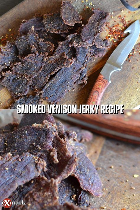 Venison Jerky Recipe Smoked, Smoked Venison Jerky, Deer Sticks Recipe, Venison Jerky Recipe, Jerkey Recipes, Smoked Venison, Smoked Jerky, Venison Jerky, Food Dehydration