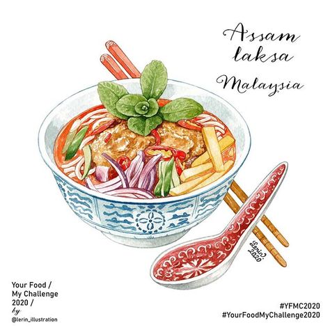 𝗠𝘆 𝗻𝗮𝗺𝗲 𝗶𝘀 𝗥𝗶𝗻 | ริน on Instagram: “[ Your Food My Challenge 2020 ] No.05: Assam Laksa Malaysia Suggested by @suelynnie Copyright ©Le Rin - All rights reserved 🚫 Do not copy…” Laksa Illustration, Malaysia Food Illustration, Malaysian Food Illustration, Malaysian Breakfast, Food Pyramid Project, Noodles Ideas, Drink Illustration, Malay Food, Mural Art Design