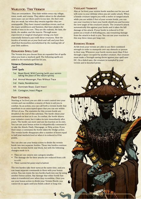 Tzelicrae (Warlock) The Vermin Warlock 5e, D D Homebrew Classes, D D Character Sheet, Dnd Warlock, Wild Beyond The Witchlight, Dnd Subclasses, D D 5e Homebrew, Homebrew Classes, Warlock Dnd