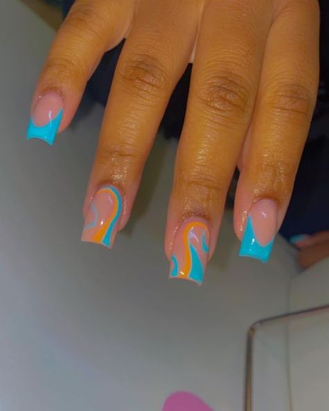 3 Color Acrylic Nails, 2 Different Nail Designs On Each Hand, Miami Dolphins Nails Football, Miami Dolphins Nail Designs, Nail Into Summer, Simple Short Acrylic Nails Mom, Nail Designs Trending Now Short, Miami Dolphins Tattoo, Miami Dolphin Nails