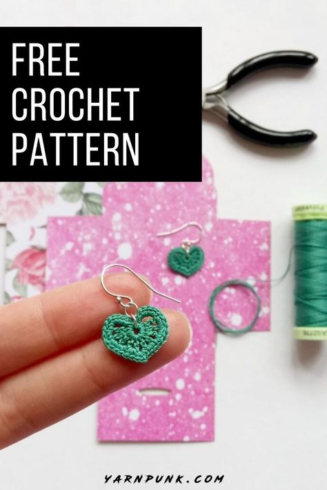 Learn how to make your own accessories with these lovely micro-crochet heart earrings! Create your own set with this free crochet pattern! This basic and beginner friendly DIY project is perfect for any crocheter that enjoys smaller work. A standout piece that will turn heads and makes for great crochet jewelry.  It can work up quickly. Working with simple stitches, the single crochet, any color will look great in your wardrobe! You will need to have ear wires and jump rings! Free Earring Crochet Patterns, Crochet Earrings Free Pattern Easy, Easy Crochet Earrings Free Pattern, Small Crochet Ideas Simple, Simple Crochet Ideas For Beginners, Micro Crochet Earrings Pattern Free, Earings Crochet Pattern, Beginner Crochet Earrings, Christmas Earrings Diy