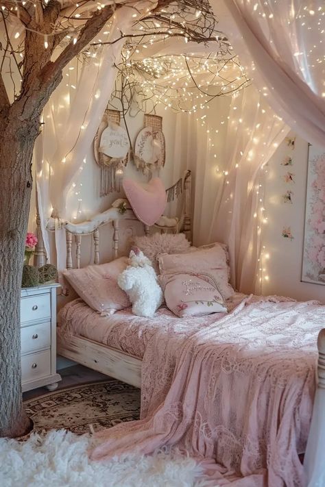 25 Magical Fairy Bedroom Ideas for a Touch of Whimsy - Roomy Retreat Whimsical Pink Bedroom, Fairycore Bedroom Pink, Vintage Fairy Bedroom, Secret Garden Bedroom Ideas, Girls Room Theme Ideas, Boho Princess Room, Whimsical Room Aesthetic, Fairy Princess Bedroom, Girls Bedroom Ideas Pink