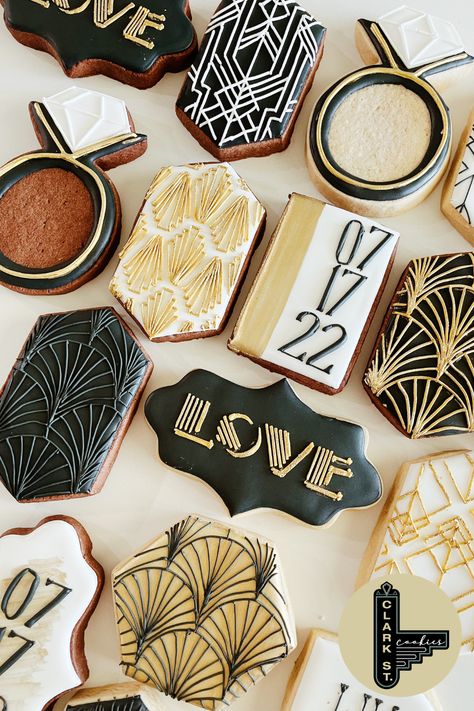 Art Deco Cookies Decorated, Roaring 20s Cookies, 1920s Themed Food, Gatsby Engagement Party, Art Deco Cookies, 40s Wedding Theme, Gatsby Desserts, 1920 Food, Roaring 20s Wedding Theme