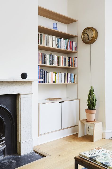 Clean Modern Home, Tv Alcove, Alcove Storage Living Room, Terraced House Interior, Victorian Flat, Alcove Ideas Living Room, Alcove Shelves, Lounge Inspiration, Alcove Storage