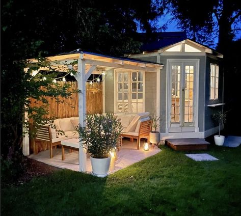 Garden Shed Guest House, Tiny Shed Interior, She Shed Tiny House, Small Backyard With Shed, Library She Shed, Guest House Ideas Backyard, Tiny Summer House, Inside She Shed Ideas, Garden Cabin Ideas