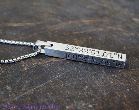 Coordinates Necklace, Mens Necklace Personalized, Mens Custom Jewelry, Baguette Diamond Necklace, Message Necklace, Dainty Diamond Necklace, Latitude Longitude, Couple Items, Diamond Solitaire Necklace