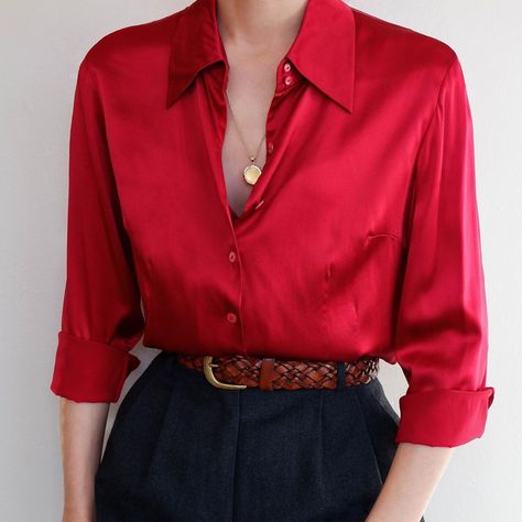 Silk Shirt Outfit, 90s Inspired Outfits, Silky Shirt, Liquid Satin, Dressy Casual Outfits, Vintage Cherry, Silk Button Up, Clothing Staples, Red Blouse