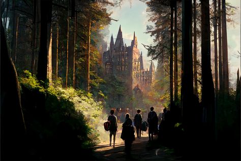 Students Entering Hogwarts Painting Illustration Wall Art Printable #etsy #illustration #hogwarts Hogwarts Landscape Wallpaper, Hogwarts Legacy Artwork, Hogwarts Concept Art, Hogwarts Life Aesthetic, Harry Potter Film Poster, Hogwarts Student Art, Hogwarts Asthetics, Hogwarts Study Aesthetic, Hogwarts Student Aesthetic