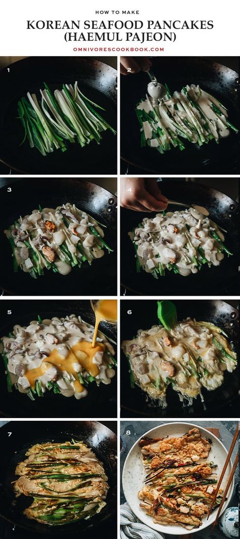 Korean Pancake Mix Recipe, Pajeon Recipe Korean Pancake, Korean Seafood Pancake Recipe, Korean Pajeon, Pajeon Recipe, Tai Food Recipes, Vietnamese Cake, Korean Spinach, Haemul Pajeon