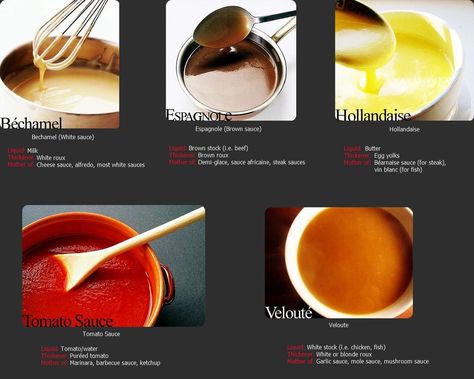 The 5 Basic Mother Sauces  (www.ChefBrandy.com) 5 Mother Sauces, Espagnole Sauce, Five Mother Sauces, Mother Sauces, Bearnaise Sauce, Brown Sauce, Steak Sauce, Cooking Basics, Cooking Art