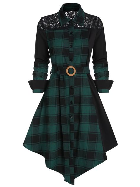 Cheap Dresses Casual, Flannel Dress, Belted Shirt Dress, Lace Insert, Lace Panelled, Long Sleeve Shirt Dress, Plaid Dress, The Dress, Sleeves Pattern