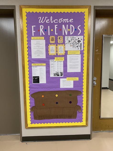 We Were On A Break Bulletin Board, Classroom Announcement Board, Friends Theme Bulletin Board, Friends Themed Classroom Ideas, Nurse Board Ideas, Friends Theme Classroom, Ra Themes Floors, Class Door Decoration Ideas, Friends Bulletin Board