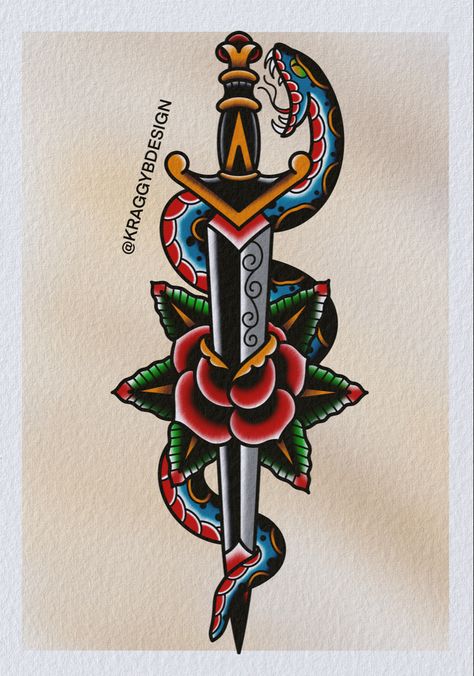 Sailor Jerry Dagger Snake Traditional Tattoo Flash Print. I ship worldwide. Printed on thick textured paper. Find me on Instagram @kraggybdesign Traditional Shin Tattoo Men, Sailor Jerry Snake Tattoo, Classic Snake Tattoo, Sailor Jerry Knife Tattoo, Snake Knife Tattoo Traditional, Dager Tattoos Snake, Shin Tattoo American Traditional, Hammer And Sickle Tattoo, Snake American Traditional Tattoo