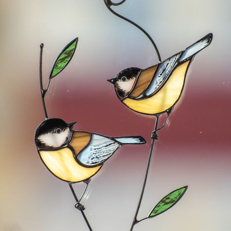 Stained Glass Window Hangings, Black Caps, Chickadee Bird, Stained Glass Light, Modern Stained Glass, Stained Glass Bird, Fused Glass Artwork, Stained Glass Birds, Stained Glass Window Hanging