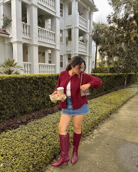 Wine red is the color of the season ♥️🍂🧸🤎🍒💋 Also how perfect for this crazy weather is a cozy cardigan with a mini skirt and boots? Red Boots Outfit Winter, Cherry Red Boots Outfit, Dark Red Boots, Red Boots Outfit, Mini Skirt And Boots, Crazy Weather, Winter Boots Outfits, Skirt And Boots, Red Boots