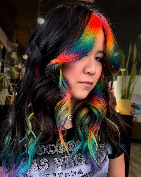 rainbow and black hair Rainbow Hair Front Pieces, Blonde Hair With Rainbow Money Piece, Rainbow Black Hair, Rainbow Halo Hair, Black Hair With Rainbow, Halo Colored Hair, Black Rainbow Hair, Rainbow Money Piece Hair, Blonde And Rainbow Hair