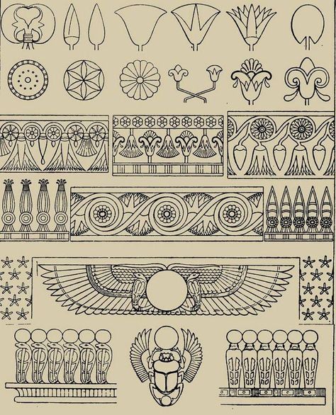 Egyptian Flowers, Egyptian Design Pattern, Egyptian Ornamented, Egyptian Drawings, Egyptian Pattern, Egyptian Motifs, Egyptian Design, Egypt Tattoo, Ancient Egypt Art