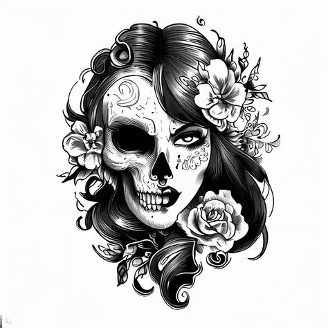 Half Women Half Skull Tattoo, Chest Tattoo Female Skull, Half Skull Half Woman Face Tattoo, Day Of The Dead Tattoo For Women, Half Skull Tattoo Design, Skull Women Tattoo, Women Skull Tattoo Ideas, Skull Tattoo Design Women, Mexican Skull Tattoos Women