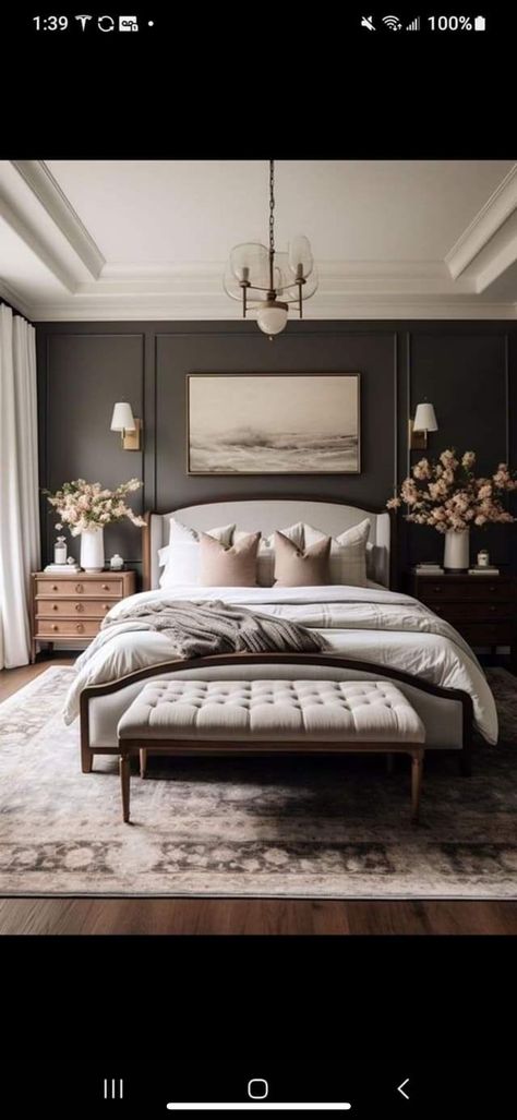 Bedroom With Tray Ceiling, Brown Bedroom Walls, Trey Ceiling, Dunes House, Black Bedroom, Brown Bedroom, Bedroom Decor Cozy, Bedroom Ceiling, Basement Bedrooms