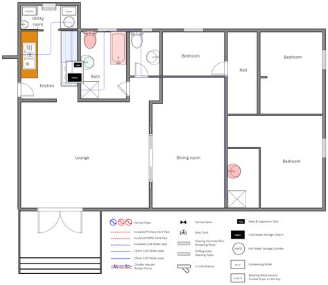 House Tap Water Supply Plumbing Plan | EdrawMax Free Editbale Printable Plumbing Plan For House, House Plumbing, Plumbing Layout, Plumbing Plan, Residential Plumbing, Hot Water System, Plumbing Pipes, Layout Architecture, Plumbing Pipe