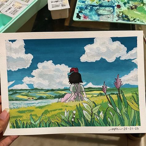 Ghibli Gouache Painting, Studio Ghibli Gouache, Ghibli Gouache, Anime Canvas Painting, Abstract Painting Diy, Whimsical Art Journal, Draw Painting, Ghibli Artwork, Simple Canvas Paintings