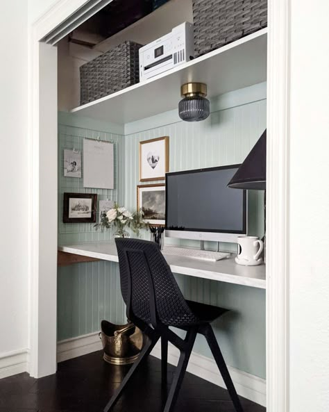 Closet In Home Office, Office Desk In Closet Built Ins, Closet To Desk Space, Closet Made Into Desk Area, Desk Area In Closet, Small Office In Closet, Transform Closet Into Office, Closet Made Into Office, Converted Closet To Office