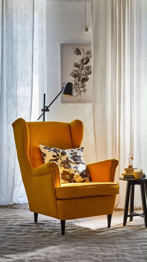 Take your STRANDMON Armchair for a spin! #STRANDMON #IKEA | IKEA | Strandmon Yellow, Strandmon Ikea, Strandmon Chair, Yellow Inspiration, Ikea Strandmon, Yellow Armchair, Yellow Chair, Decor Home Living Room, House Stuff