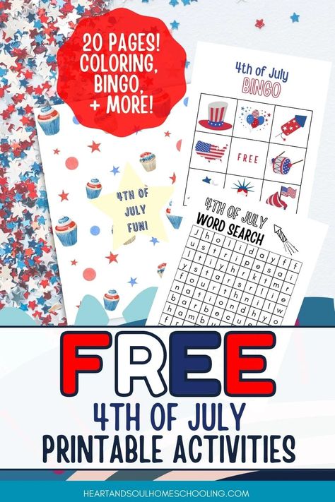 Free 4th of July printables for kids: coloring pages, BINGO, and word search. July Themes, 4th Of July Printables, Homeschool Summer, July Activities, Bingo Games For Kids, Book Basket, Homeschool Holidays, Summer Homeschool, Free Homeschool Printables