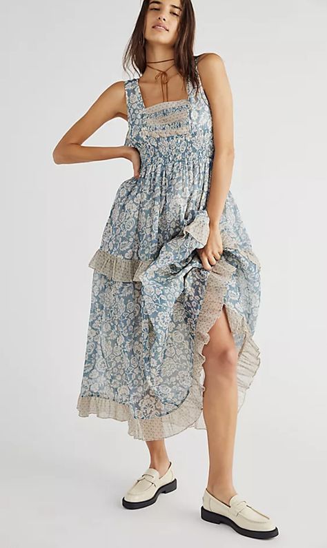 Cute Cottagecore Inspired Dress from Free People (linked in blog post) | Cottagecore Fashion & Cottagecore Aesthetic: Where Dreamy, Pastoral Fairytale Meets Slow Living | In my recent attempts to understand TikTok, I came across a genre of post that struck me as rather lovely. These were simple, pastoral photos and videos set to soft music or nature sounds. Turns out, there's a name for this look: the cottagecore aesthetic. Cottagecore offers escapism to fanciful/"simpler" times. | Learn more: Somerset Dress, Classic Midi Dress, Positive Aura, Cottagecore Outfit, White Strappy Sandals, Cats Coffee, Tiered Midi Skirt, Maxi Styles, Cottagecore Aesthetic