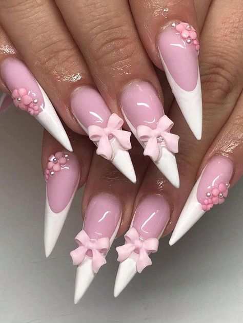 24PCS Cute Style Long Pointed False Nail Set With White French, Pink Flower, White Pearl, Rhinestone, Pink Bowknot 3D Design (With 1 Nail File And 1 Jelly Gel) Suitable For Women Daily Wear, Party And Wedding Press On Nails Nail SuppliesI discovered amazing products on SHEIN.com, come check them out! Pink And White Bow Nails, Pink And White Stiletto Nails, Pink Birthday Nail Designs, Stiletto Nails Ideas, Pointed Nail Designs, 21st Birthday Nails, White Stiletto Nails, Pink Stiletto Nails, Birthday Nail Designs