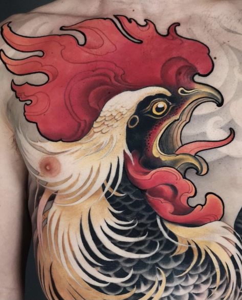 Rooster Tattoo Design, Traditional Rooster Tattoo, Old School Rooster Tattoo, Japanese Rooster Tattoo, Rooster And Snake Tattoo, Rooster Trad Tattoo, Rooster Tattoo Japanese, Neo Traditional Tattoo Design, Rooster Flash Tattoo