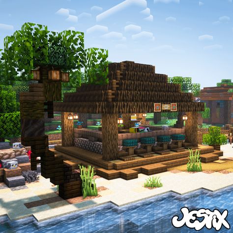 minecraft beach bar Minecraft Seafood Restaurant, Minecraft Tropical House, Minecraft Beach Hut, Minecraft Beach Ideas, Minecraft Tropical, Bar Minecraft, Minecraft Pool, Minecraft Beach, Minecraft Beach House