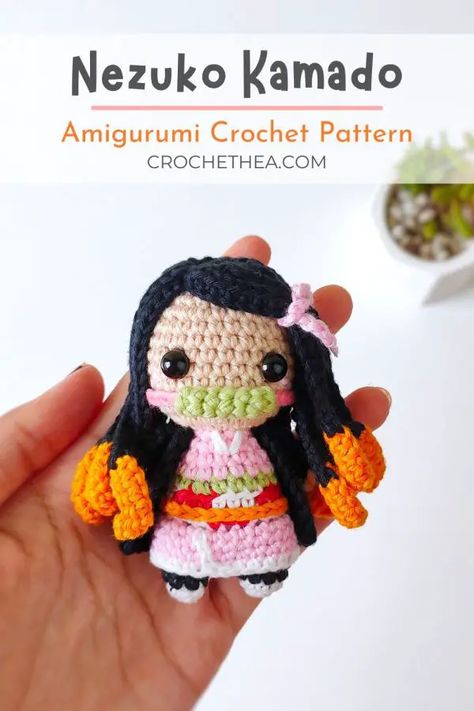 Nezuko Crochet Pattern – Crochethea Crochet Nezuko, Anime Crochet, Easy Beginner Crochet Patterns, Crochet Doll Tutorial, Crochet Dolls Free Patterns, Pola Amigurumi, Kawaii Crochet, Crochet Design Pattern, Crochet Amigurumi Free Patterns