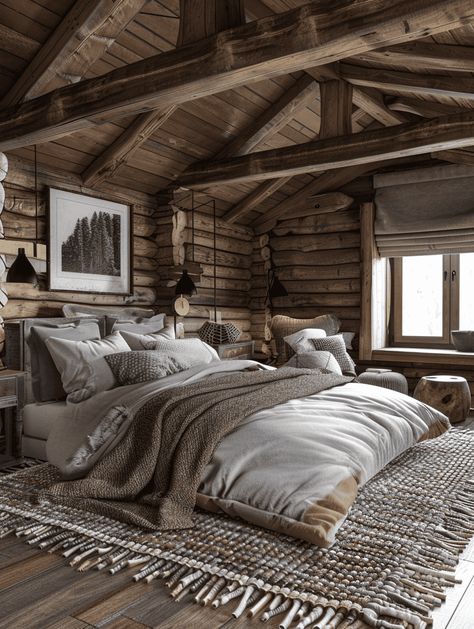 Log Cabin Bedroom: Exposed Wooden Beams and Rustic Accents Bedroom Rustic Ideas, Cozy Cabin Bedding, Lodge Bedroom Ideas, Big Bed, Cabin Bedrooms, Cabin Loft Bedroom, Log Bed Bedroom Decor Modern, Cabin Bedroom Aesthetic, Log Home Loft Bedroom