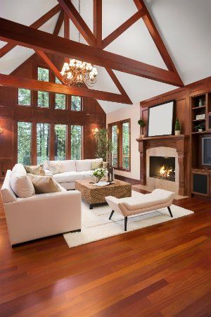 Brazilian Cherry Hardwood Flooring, Vaulted Ceiling Lighting, Cherry Hardwood Flooring, Cherry Wood Floors, Vaulted Ceiling Living Room, Exposed Ceilings, Types Of Ceilings, Fireplace Frame, Ceiling Types