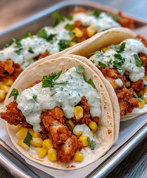 Fried Chicken Street Corn Taco With Jalapeno Lime Ranch Recipe - sandyrecipes.com Chicken Street Corn, Corn Tacos, Mexican Brunch, Corn Taco, Ranch Recipe, Street Corn, Fried Chicken, Corn, Tacos