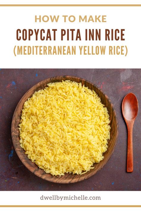 Copycat Pita Inn Rice Recipe (Mediterranean Yellow Rice) Mediterranean Yellow Rice, Inn Recipes, Vegetarian Bowls, Restaurant Copycat, Pitta Bread, Shish Kabobs, Mediterranean Spices, Tabbouleh Salad, Sunday Dinners