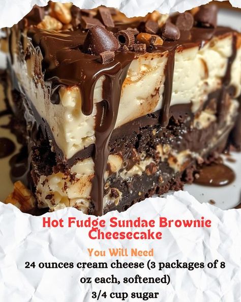 The Recipe Mingle | Just whipped up a Hot Fudge Sundae Brownie Cheesecake | Facebook Cheesecake Fudge Brownies, Reese Pie, Hot Fudge Cheesecake Brownies, Desserts Board, Hot Fudge Sundae Brownie Cheesecake, Baking Cheesecake, Cheesecake Ideas, Hot Fudge Sundae, Fudge Sundae