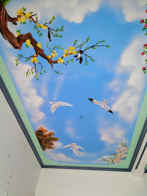 Ceiling Flower Design Painting, Ceiling Sky Painting, Roof Painting Ideas Ceilings, Bathroom Ceilings, Bed Wallpaper, 3d Art Painting, Watercolor Art Face, 3d Wall Painting, Eagle Painting