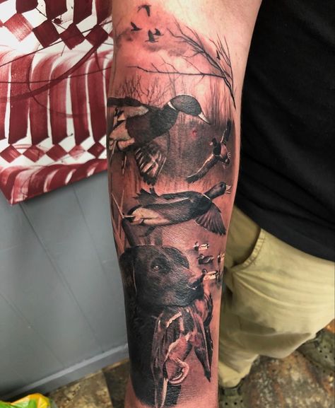 Deer And Duck Tattoo, Hunting Tattoos For Guys Sleeve, Duck Sleeve Tattoo, Antler Sleeve Tattoo, Waterfowl Tattoo Sleeve, Mens Western Sleeve Tattoo, Mechanic Sleeve Tattoo, Fishing Hunting Tattoo, Country Arm Sleeve Tattoo