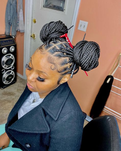 Indys Finest on Instagram: “Medium knotless in 2 buns with chop sticks 🥢 . . . #braidstyle #coolhairstyles #braidedhairstyles #sleekponytails #feedincornrows…” Chop Sticks Hairstyles, Chop Stick Hairstyles Black Women, Chop Stick Hairstyles, Chop Sticks In Hair Hairstyles, Knotless Box Braid Hairstyles, Chopstick Hairstyles, Braids To Try, 2 Buns, Box Braid Hairstyles