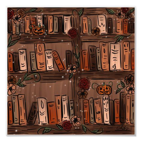 Floral Halloween bookshelf artwork Spooky Bookshelf Painting, Painting Of Bookshelf, Halloween Book Aesthetic, Bookshelf Painting Ideas, Watercolor Bookshelf, Autumn Bookshelf, Dragon Library, Bookshelf Artwork, Bookshelf Drawing