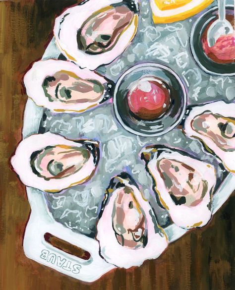 Oyster Painting, Oysters On The Half Shell, Food Painting, Christmas Watercolor, May 7, Pottery Painting, Food Illustrations, Kitchen Art, Living Room Art